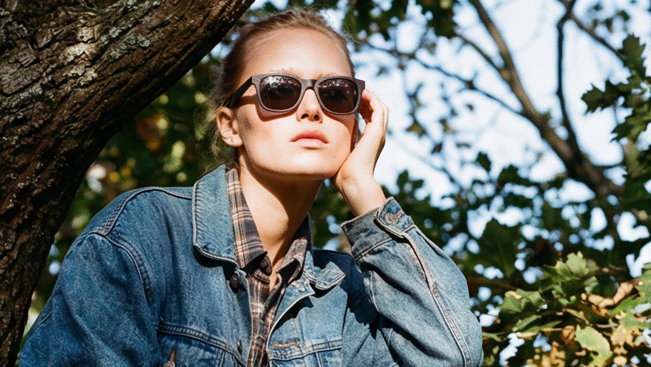 Person sitting in a tree wearing SixtySix sunglasses and a denim jacket.