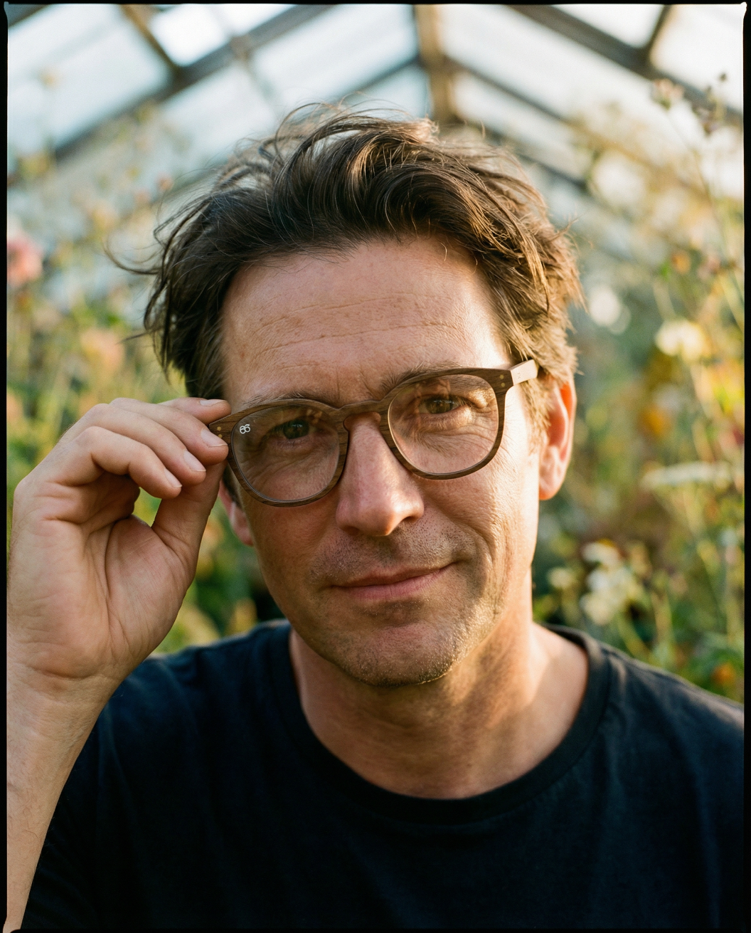 Man adjusting SixtySix wooden glasses with a blurred natural background
